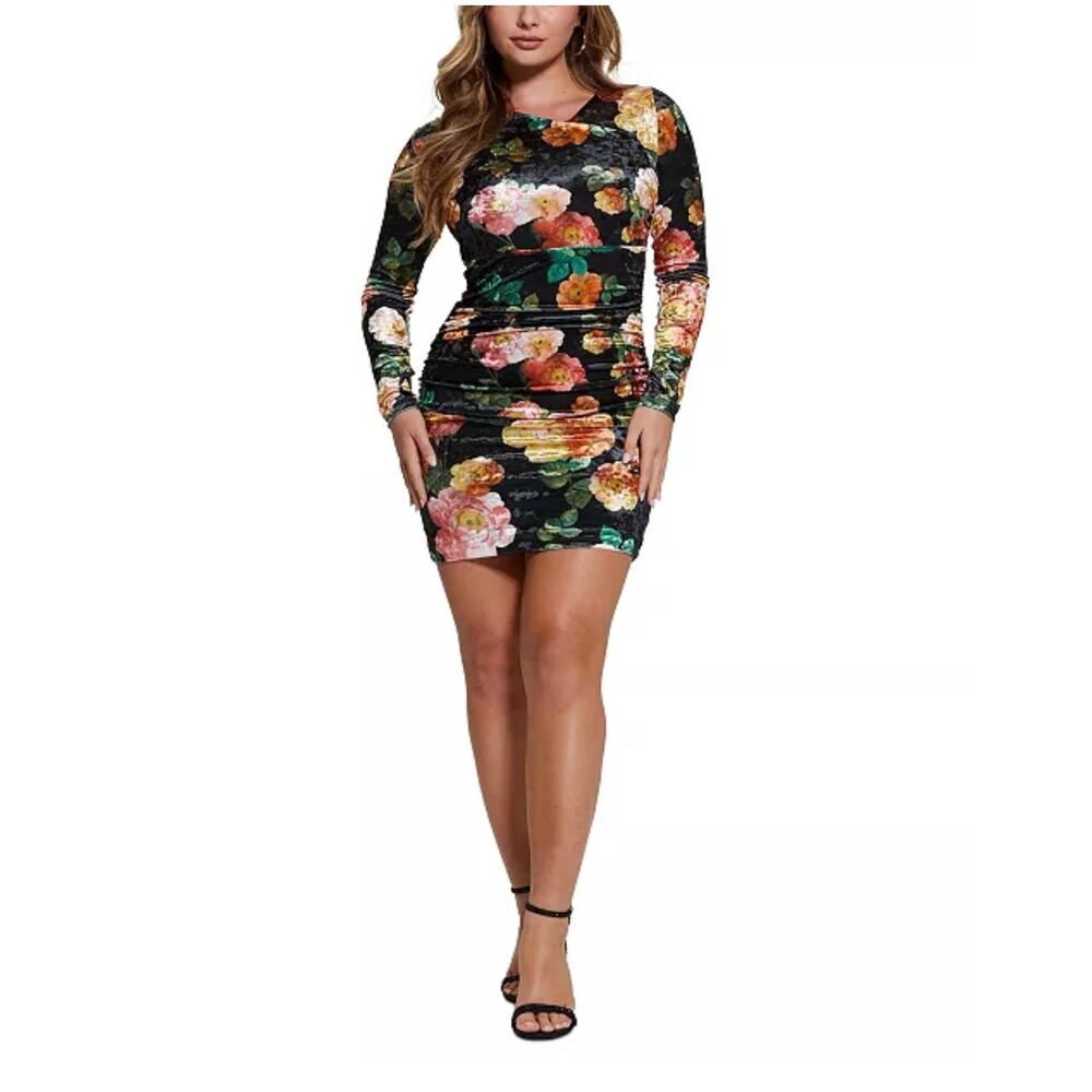 GUESS Velvet Bodycon Dress Women's Sz S Ruched Mini Floral V-Neck Long Sleeve‎